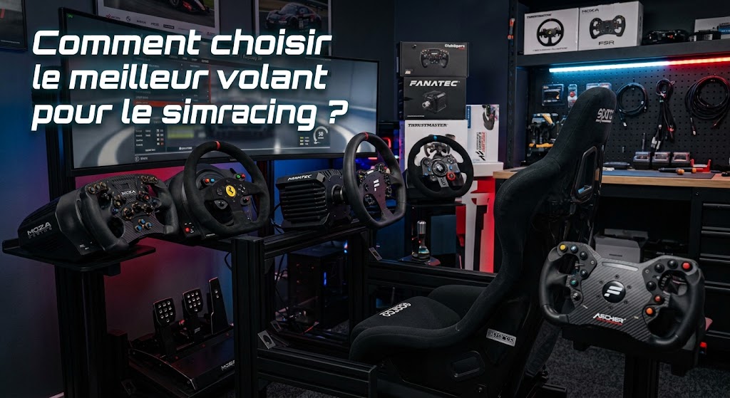 Plusieurs volants de simracing exposés sur un rig, dont Fanatec, Thrustmaster et MOZA
