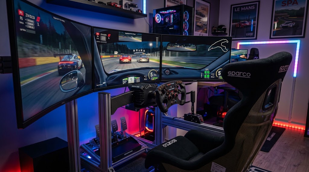 Setup complet de simracing avec triple écran, volant, pédalier et siège baquet