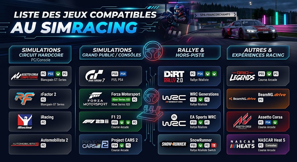 Infographie listant les jeux compatibles avec le simracing par catégorie