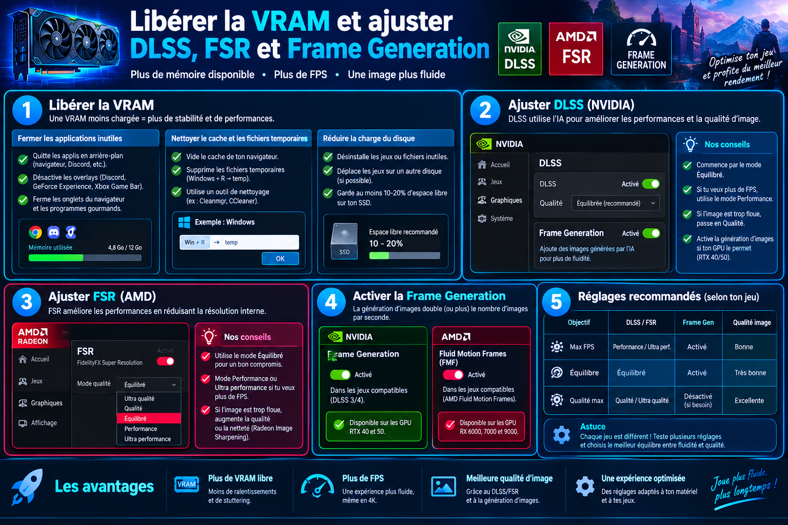 Menu graphique d’un jeu avec les options DLSS, FSR et génération d’images