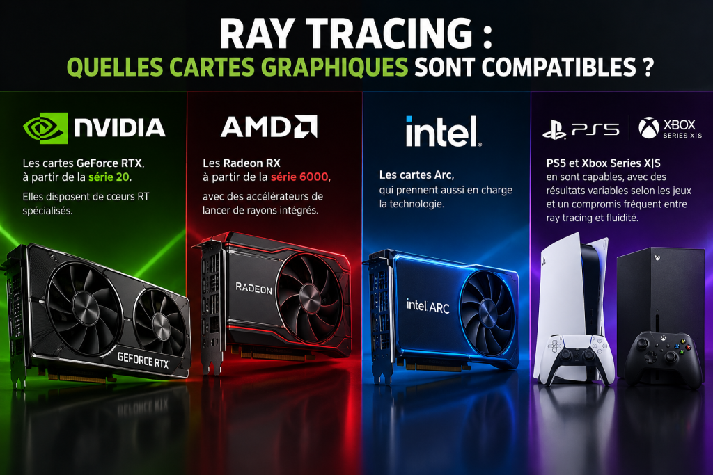 comparatifs « ray tracing activé / désactivé » (reflets, ombres, éclairage)