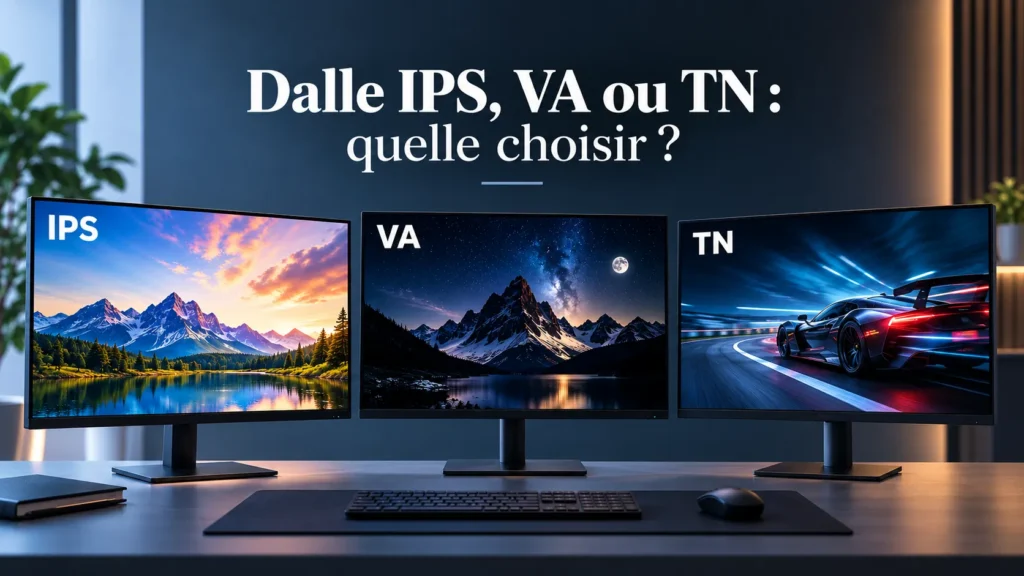 Trois écrans côte à côte avec dalle IPS, VA et TN affichant la même image