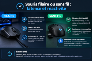 une photo comparative filaire/sans fil (« Comparaison souris filaire et sans fil ») et un tableau récapitulatif en image ou en HTML