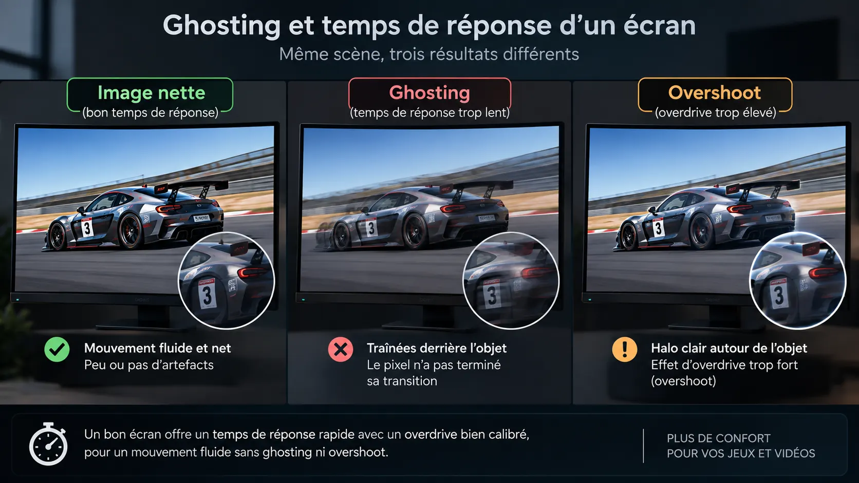 Exemple de traînées sur une dalle VA lors d'un mouvement rapide dans un jeu