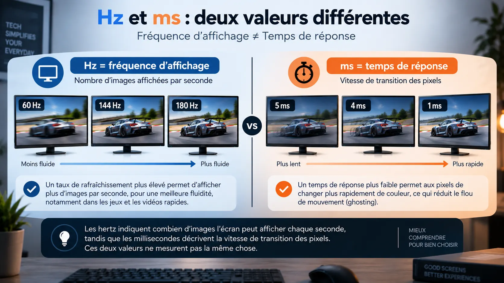 Tableau comparatif des dalles IPS, VA et TN : couleurs, contraste, angles de vision, réactivité, prix