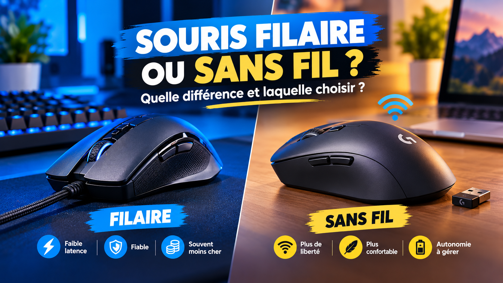 une photo comparative filaire/sans fil (« Comparaison souris filaire et sans fil ») et un tableau récapitulatif en image ou en HTML