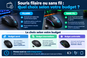 une photo comparative filaire/sans fil (« Comparaison souris filaire et sans fil ») et un tableau récapitulatif en image ou en HTML