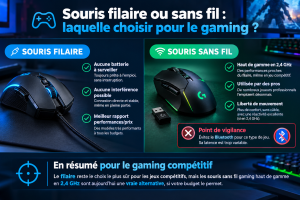 une photo comparative filaire/sans fil (« Comparaison souris filaire et sans fil ») et un tableau récapitulatif en image ou en HTML
