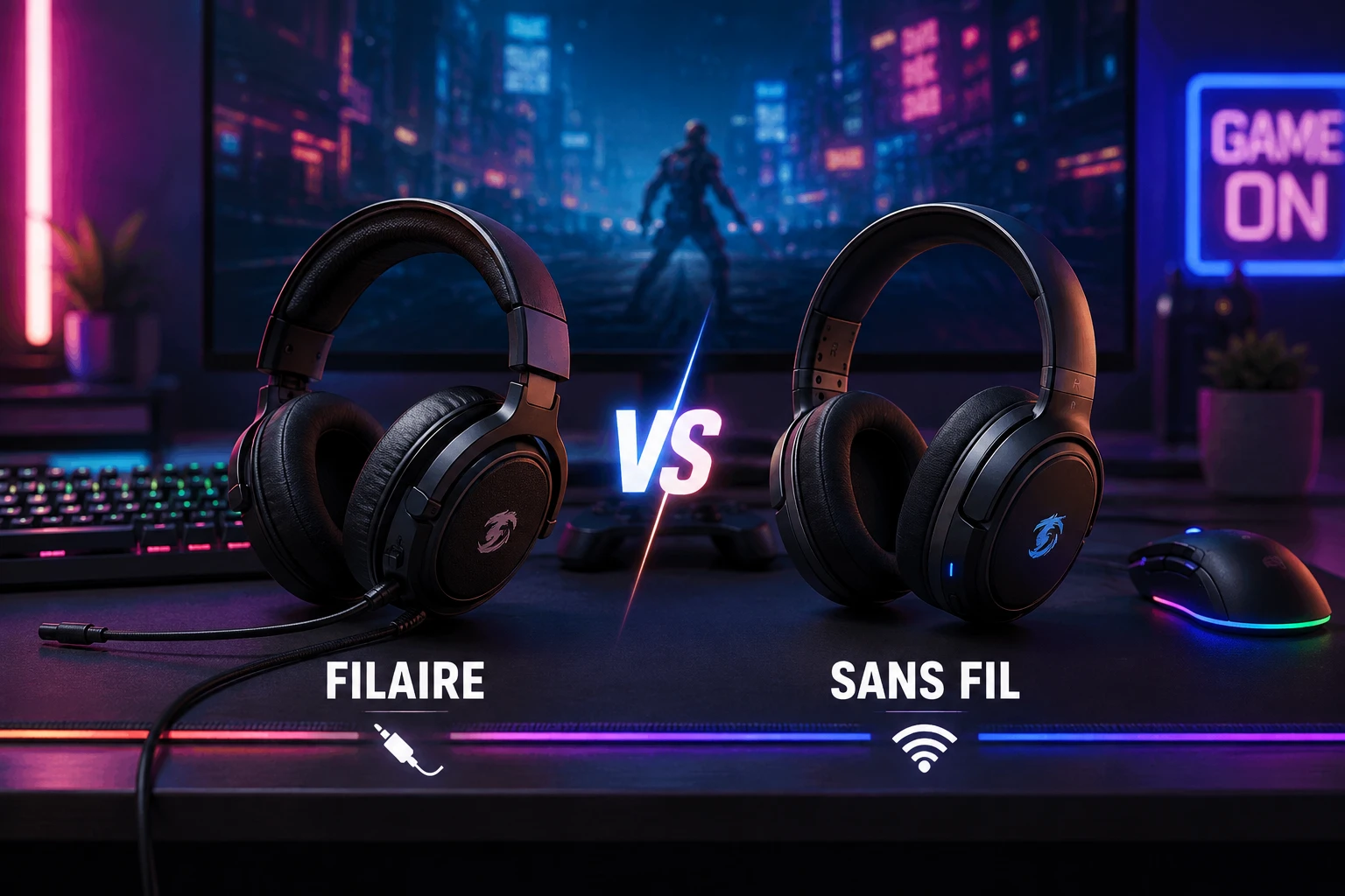 Casque gaming filaire avec câble jack 3,5 mm et micro amovible et Casque gaming sans fil avec récepteur USB 2,4 GHz