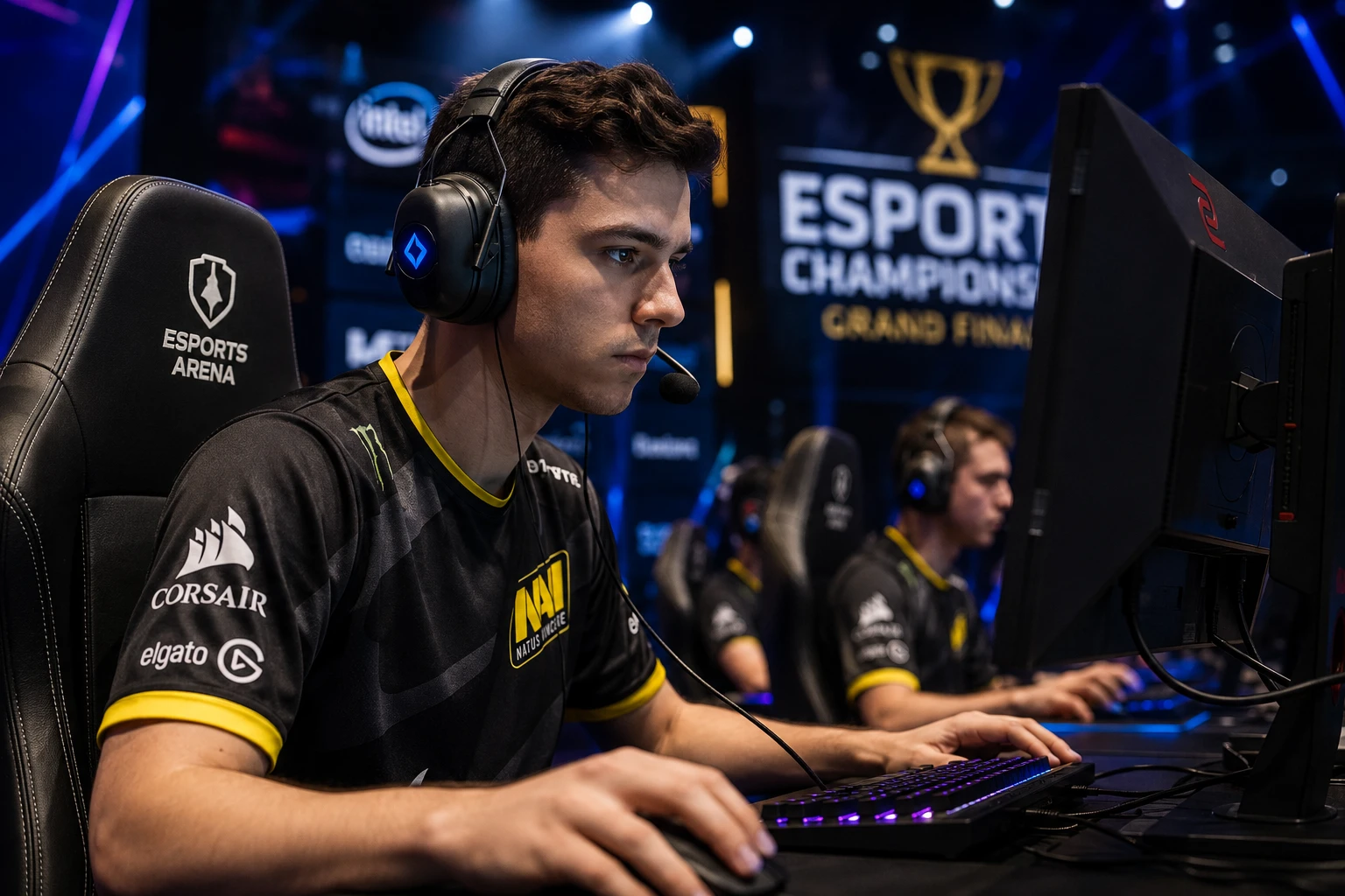Joueur compétitif avec un casque gaming pendant une partie de FPS