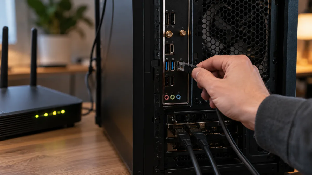 Câble Ethernet branché sur un PC gamer pour limiter la perte de paquets