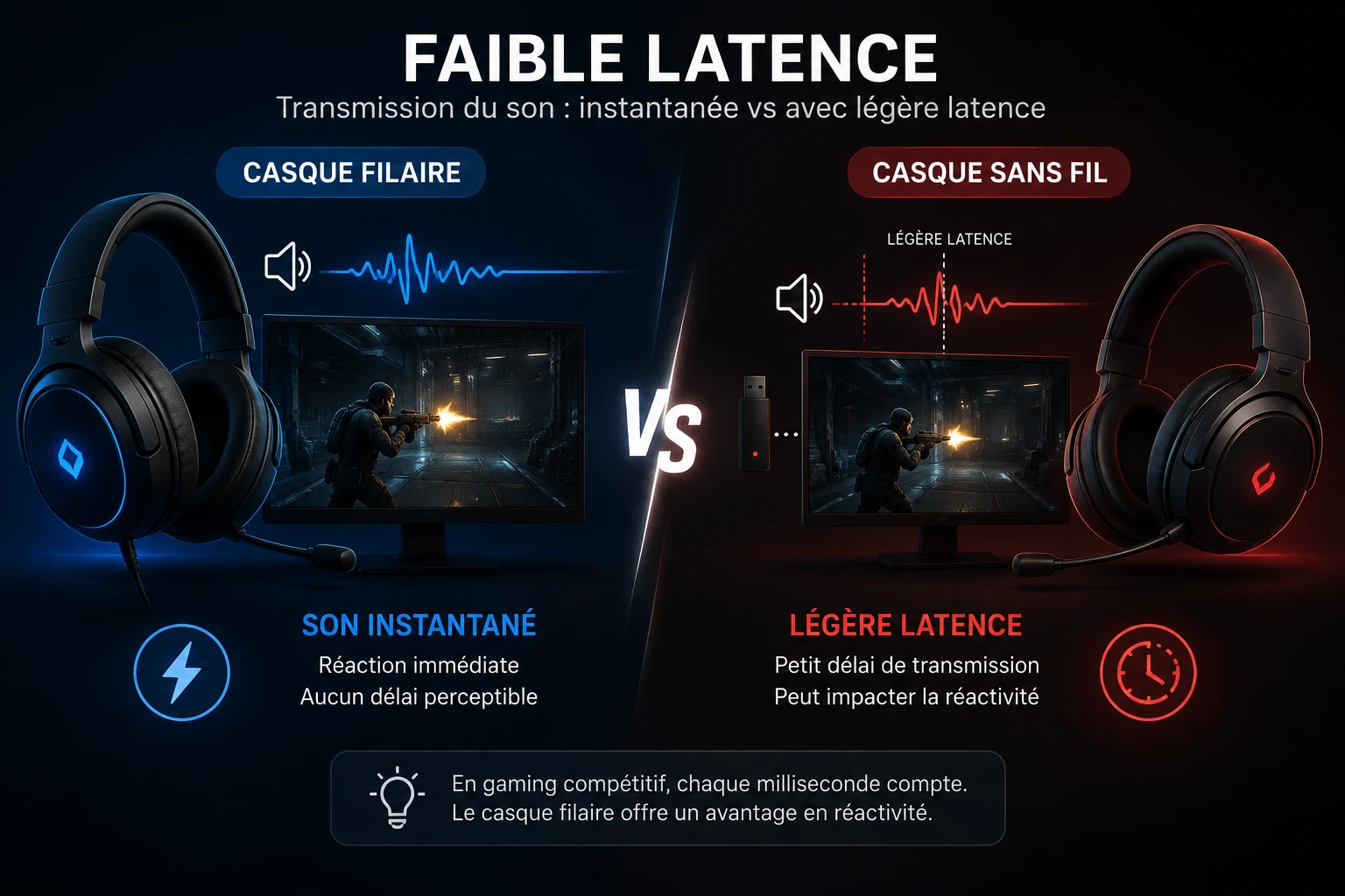 Graphique comparant la latence du filaire, du 2,4 GHz et du Bluetooth