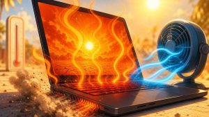 PC portable posé sur un cooling pad pour réduire la température